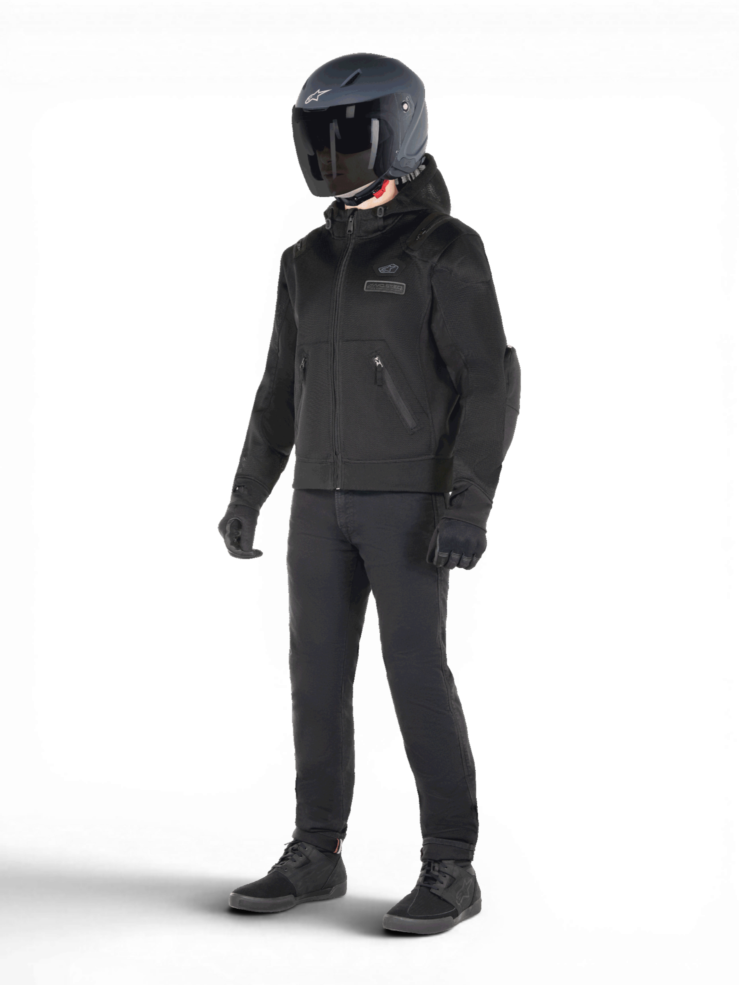 Alpinestars Moflow Air Tech jacka med huva, svart urban MC-jacka i mesh för herr, Tech-Air 3 Ready-skydd, bärs av modell.