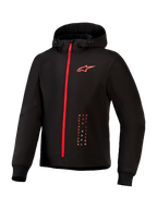 Alpinestars Radium Tech Hoodie, urban motorcycle riding jacket, Black and Bright Red, featuring a full-length red zipper, red Alpinestars logo on chest, drawstring hood, and ribbed cuffs on a technical windproof shell.