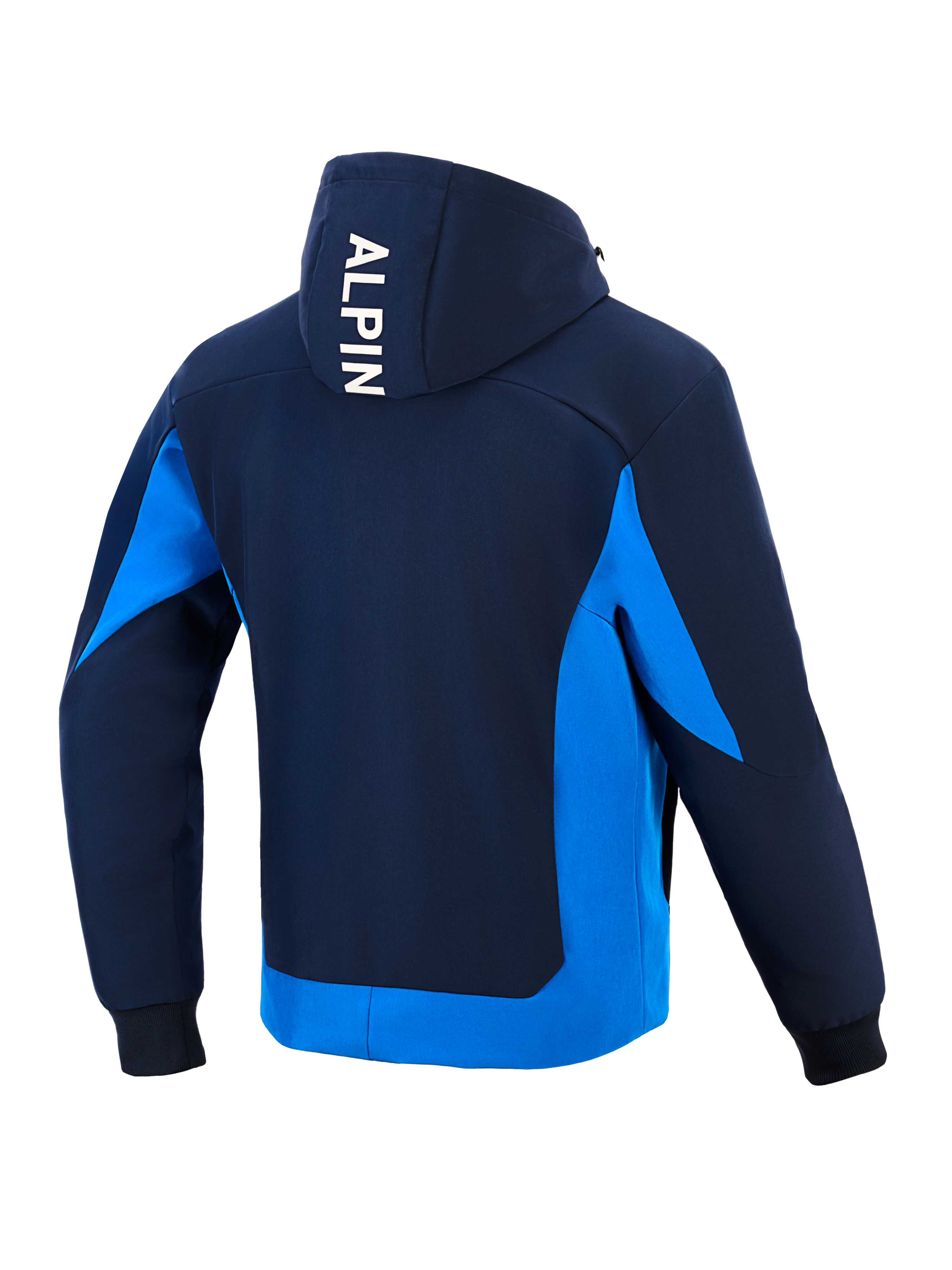 Alpinestars Radium Tech Hoodie, technical motorcycle hoodie, Night Navy and Royal Blue, rear view showing white vertical 'ALPIN' branding on the hood, bright blue side panels and lower hem, ribbed cuffs, urban athletic design