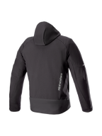 Alpinestars Neo vattentät jacka med huva, svart urban MC-jacka för herr, vy bakifrån i vattentät softshell med logotyp.