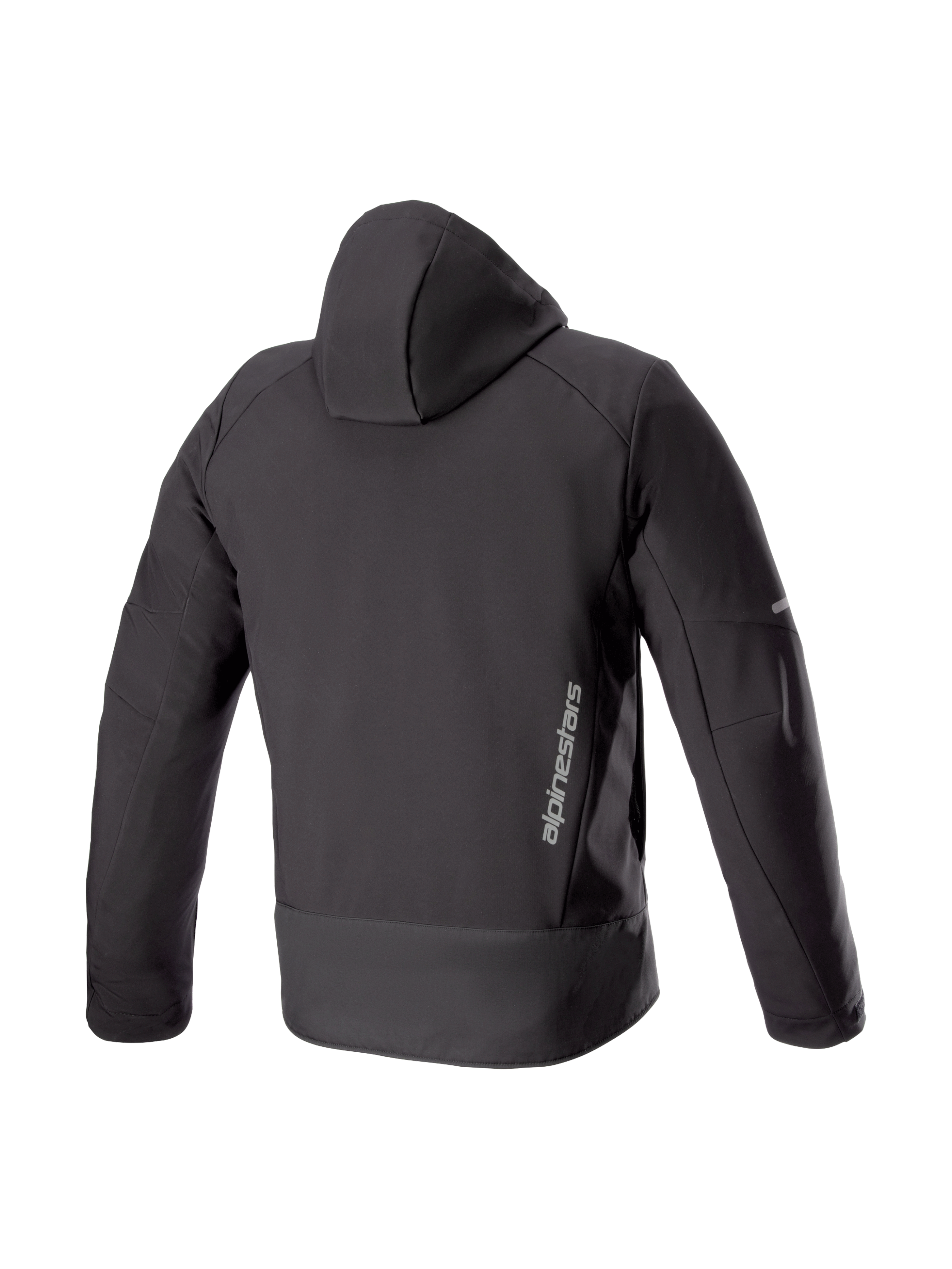 Alpinestars Neo vattentät jacka med huva, svart urban MC-jacka för herr, vy bakifrån i vattentät softshell med logotyp.