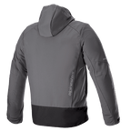 Alpinestars Neo Waterproof Hoodie, technical urban motorcycle jacket, Tar Gray and Black, back view featuring vertical Alpinestars branding, detachable hood, waterproof softshell construction with a black hem panel.