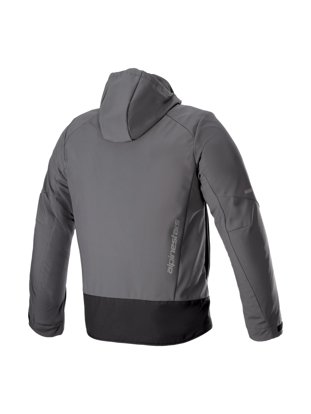 Alpinestars Neo vattentät jacka med huva, grå och svart urban motorcykeljacka, vy bakifrån med vertikal logotyp.