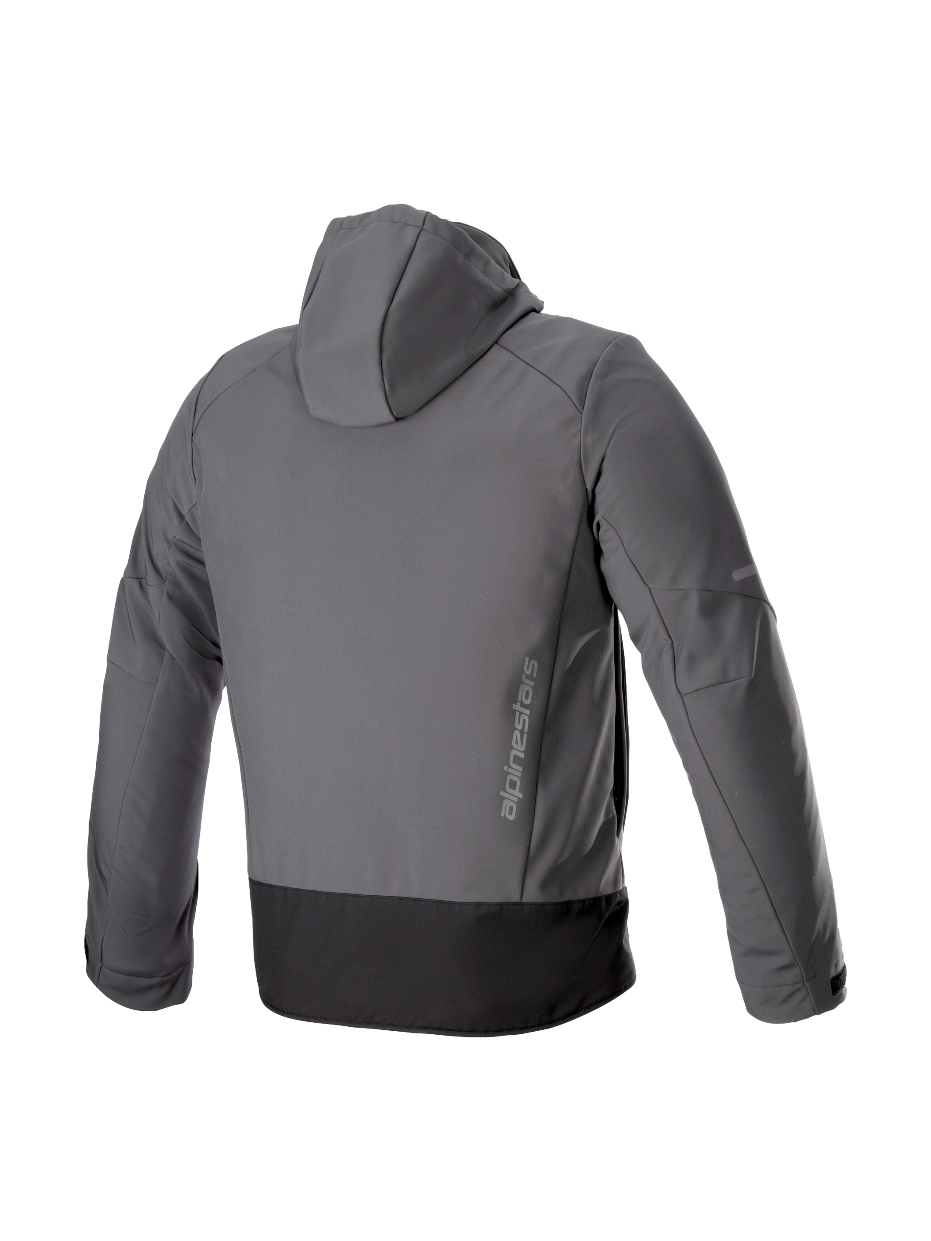 Alpinestars Neo vattentät jacka med huva, grå och svart urban motorcykeljacka, vy bakifrån med vertikal logotyp.