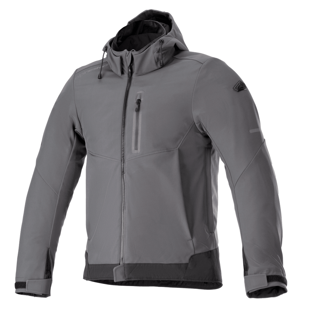 Alpinestars Neo Waterproof Hoodie, Urban Motorcycle Jacket, Tar Gray and Black, front-zip hooded jacket with chest pocket, adjustable Velcro cuffs, technical weather-resistant softshell, modern sleek design