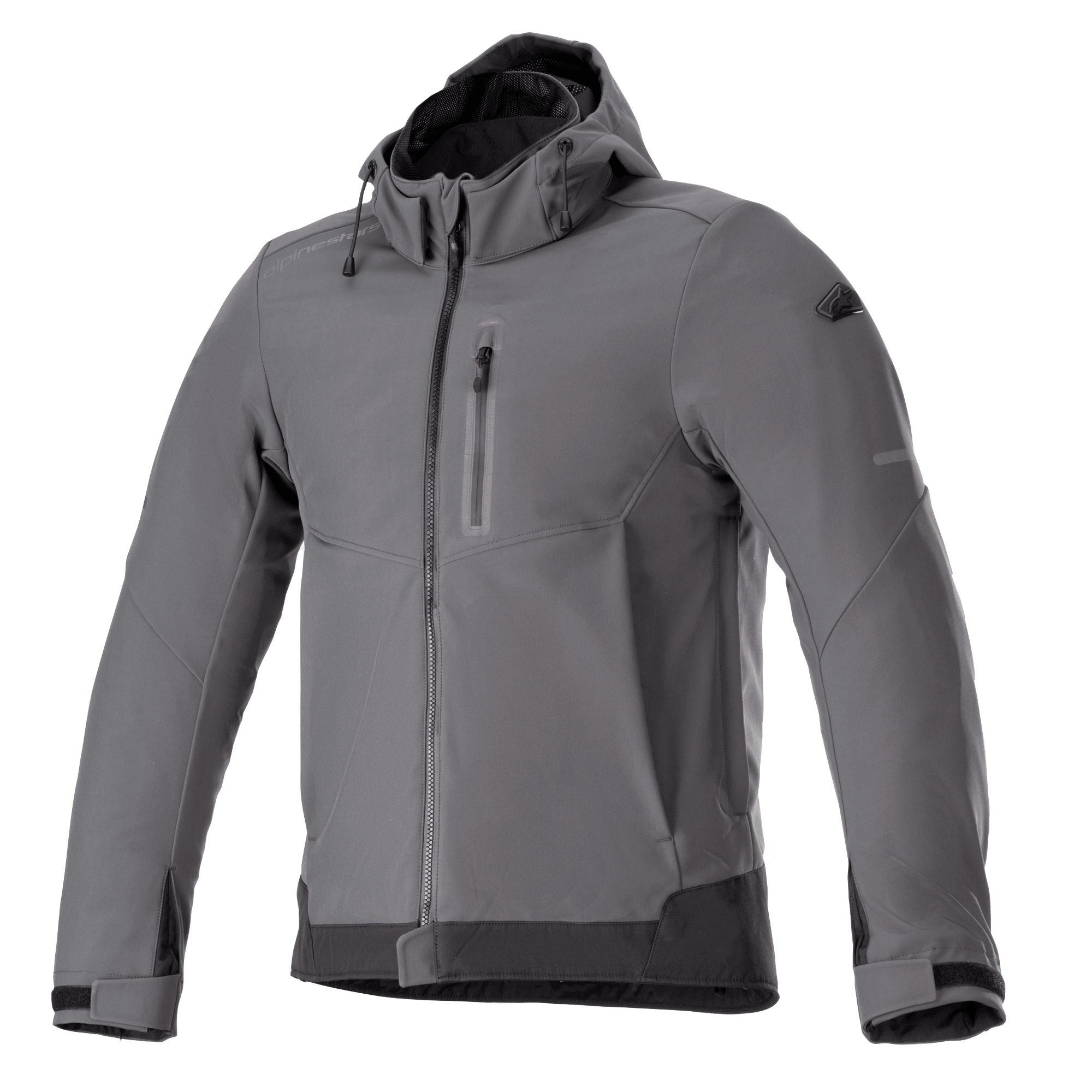 Alpinestars Neo Waterproof Hoodie, Urban Motorcycle Jacket, Tar Gray and Black, front-zip hooded jacket with chest pocket, adjustable Velcro cuffs, technical weather-resistant softshell, modern sleek design
