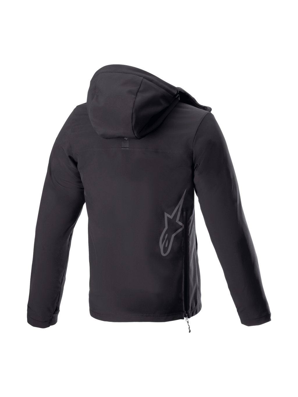 Alpinestars Sherpa jacka med huva, svart MC-jacka i softshell för stadskörning, baksida med reflexlogotyp och sidodragkedja.