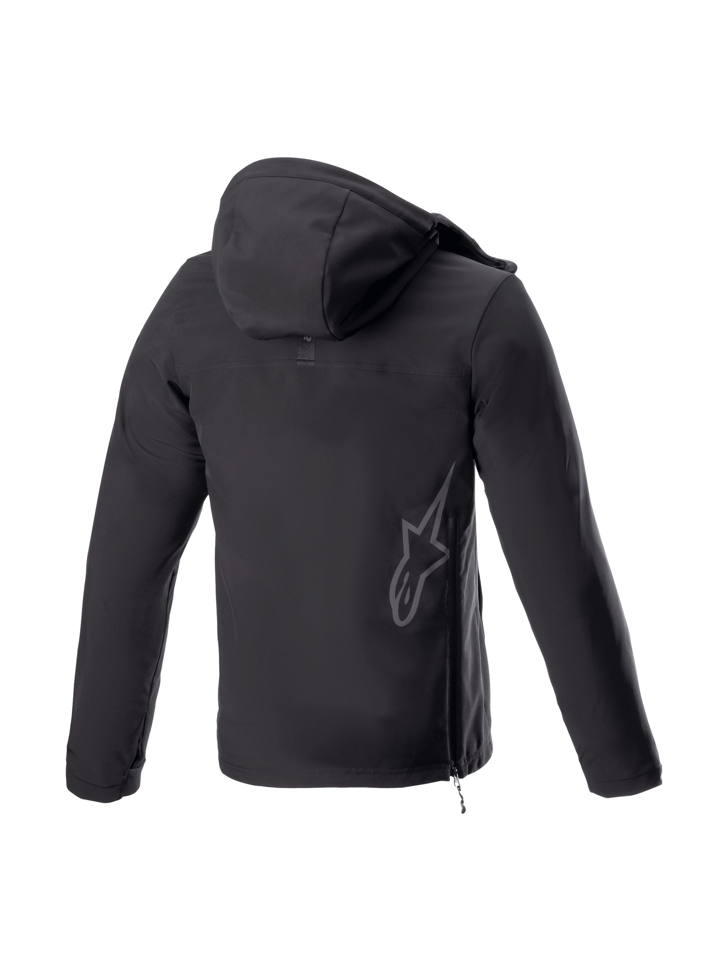Alpinestars Sherpa jacka med huva, svart MC-jacka i softshell för stadskörning, baksida med reflexlogotyp och sidodragkedja.