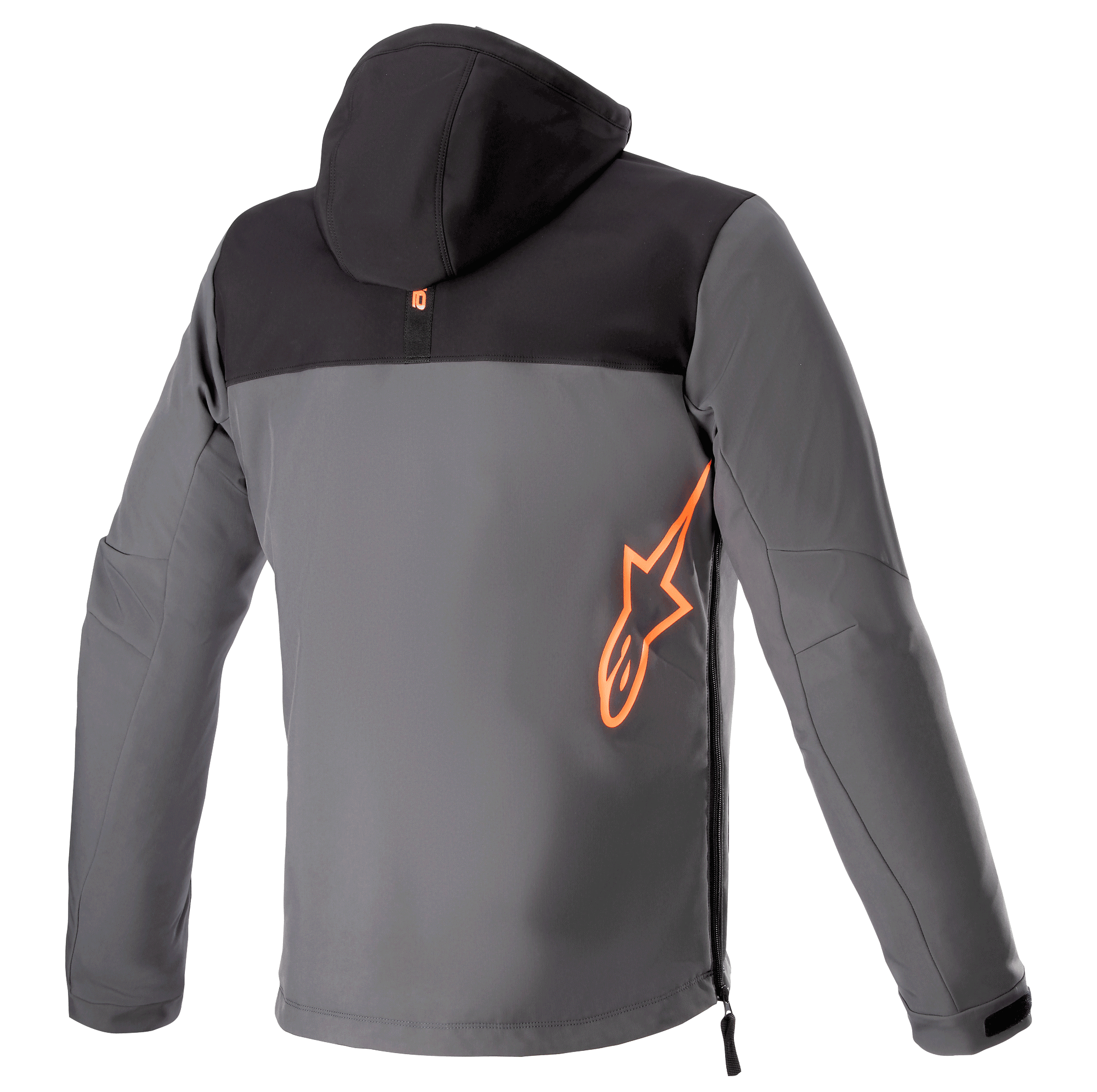 Alpinestars Sherpa Hoodie, back view, technical motorcycle jacket in Black and Gray, large fluorescent orange Alpinestars logo on the lower back, side zipper entry, softshell urban riding gear