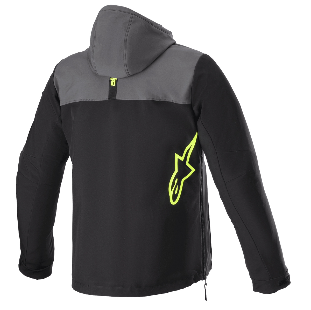 Alpinestars Sherpa Hoodie, baksida, Tar Gray och svart med neongula accenter, neongul stjärnlogotyp på sidan, softshell-motorcykeljacka med huva, sidodragkedja, urban pendlingsutrustning