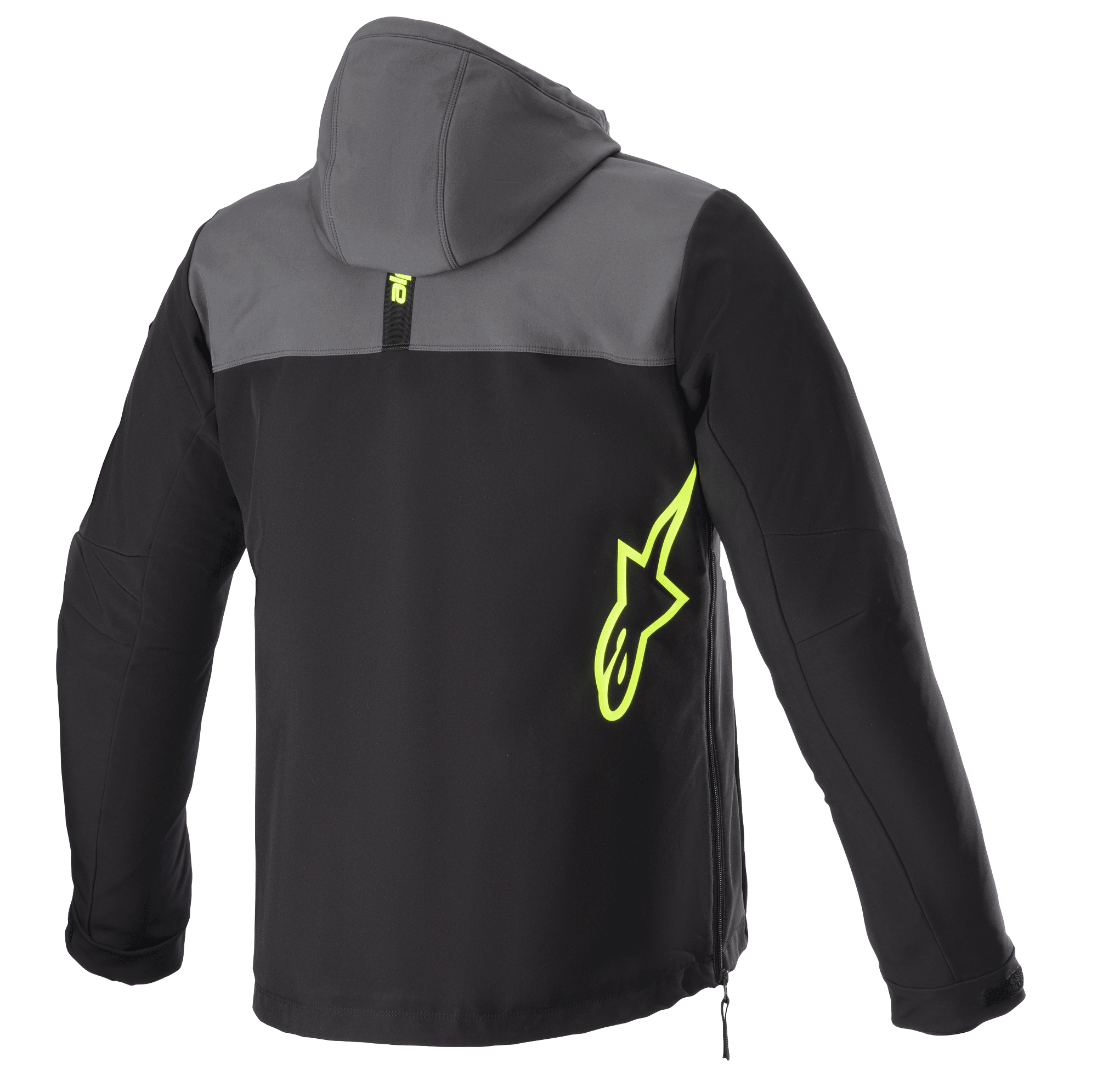 Alpinestars Sherpa Hoodie, baksida, Tar Gray och svart med neongula accenter, neongul stjärnlogotyp på sidan, softshell-motorcykeljacka med huva, sidodragkedja, urban pendlingsutrustning