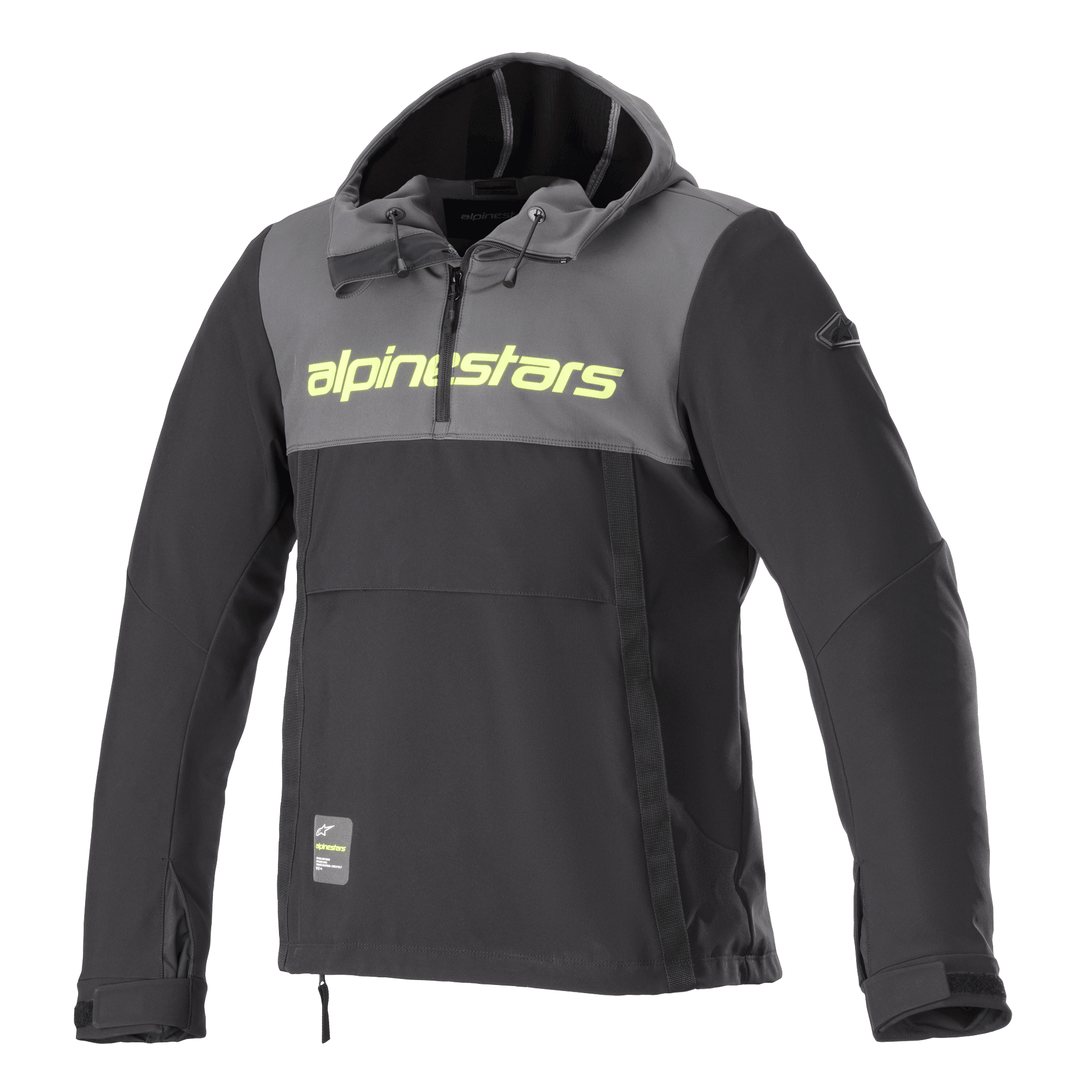 Alpinestars Sherpa Hoodie, teknisk motorcykelhoodie, mörkgrå och svart, neongul logotyp på bröstet, anorak-stil med huva och kort dragkedja, urban mc-jacka i softshell