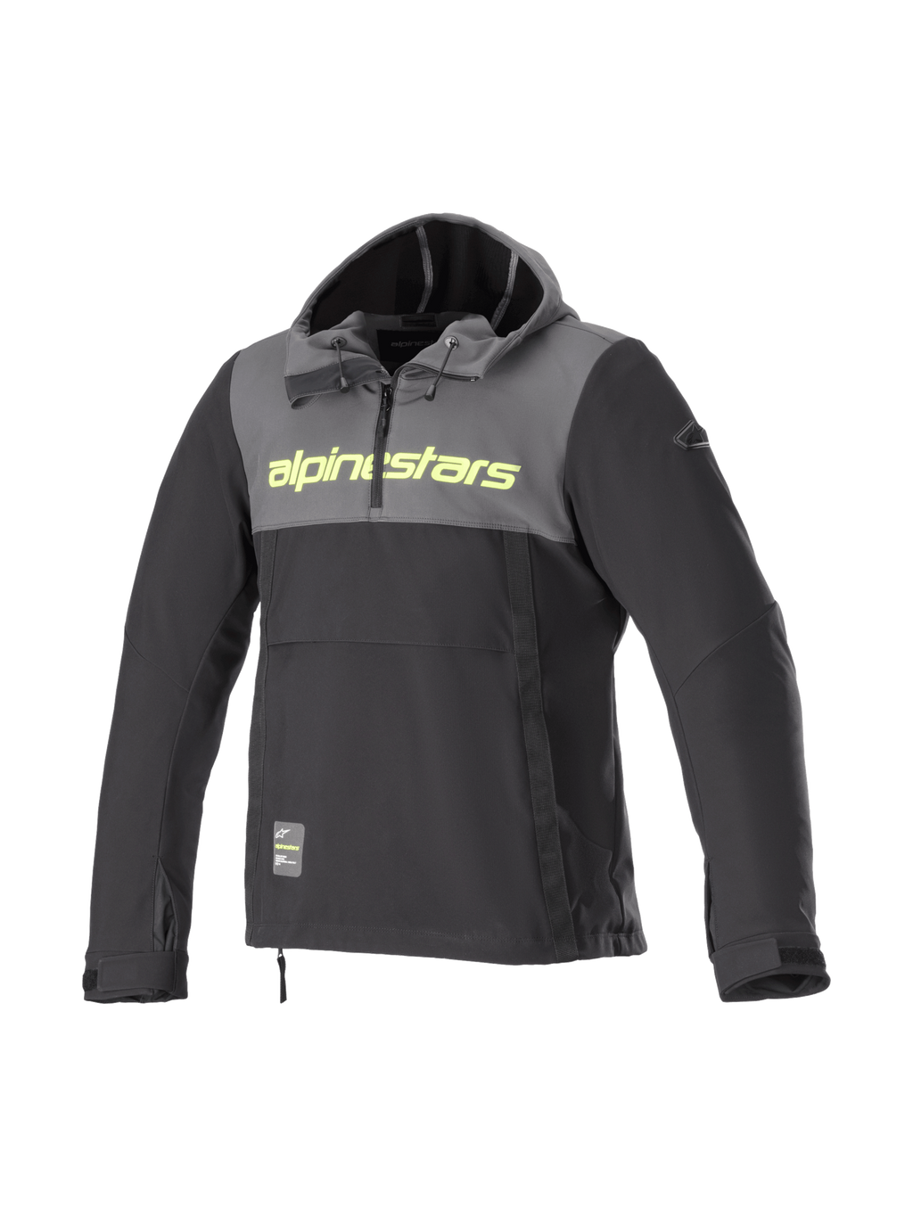 Alpinestars Sherpa jacka med huva, vindtät softshell-motorcykeljacka för män, grå och svart med gul fluo-logotyp.