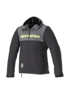 Alpinestars Sherpa jacka med huva, vindtät softshell-motorcykeljacka för män, grå och svart med gul fluo-logotyp.