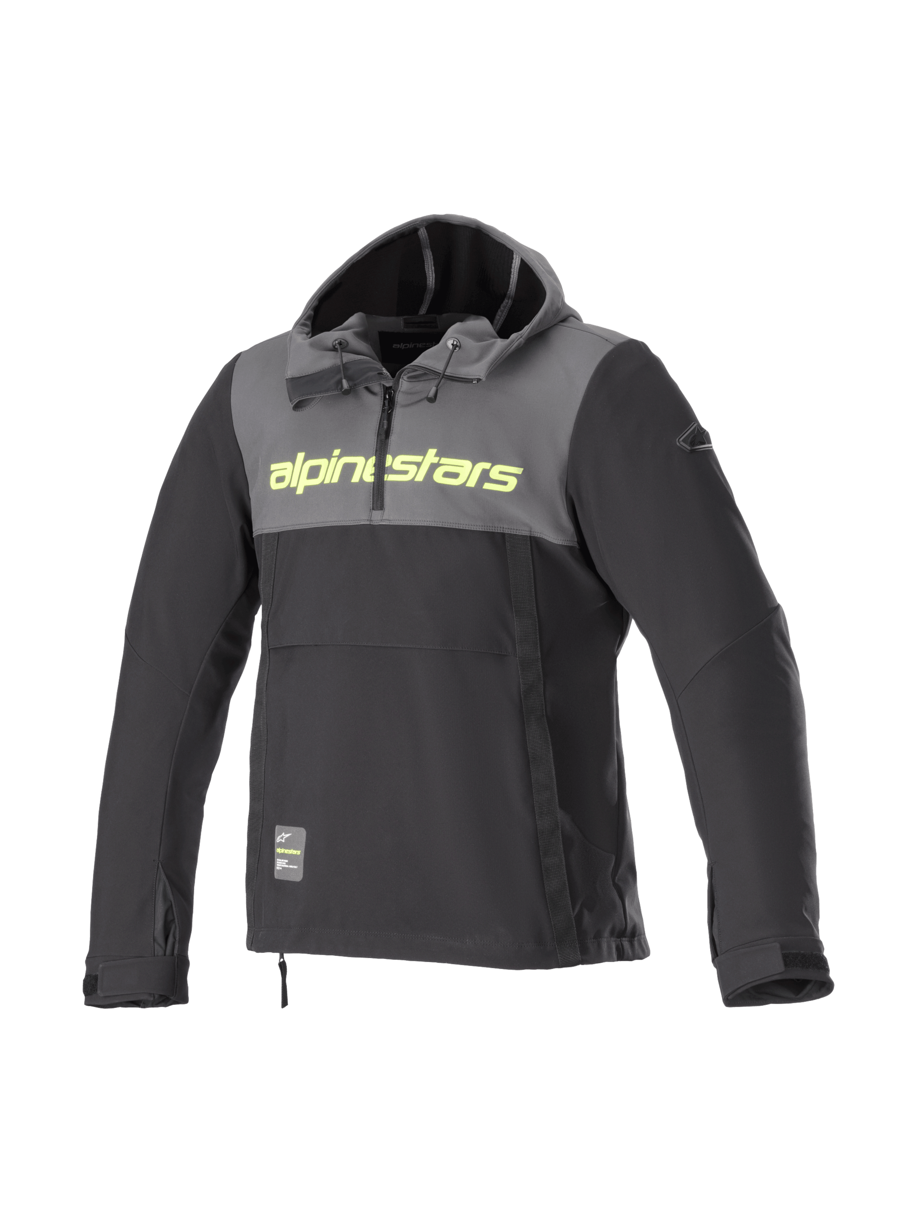 Alpinestars Sherpa jacka med huva, vindtät softshell-motorcykeljacka för män, grå och svart med gul fluo-logotyp.