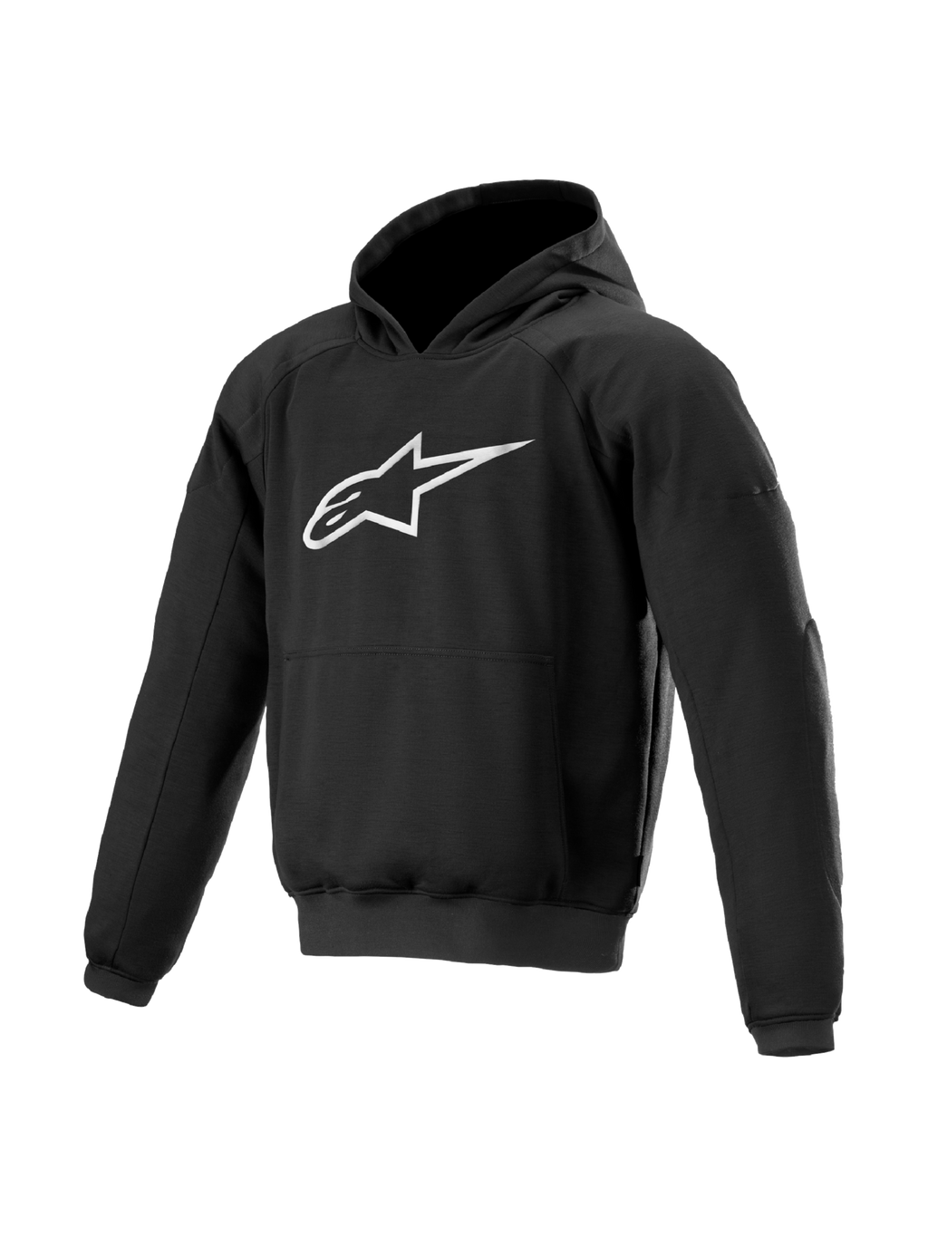 Alpinestars Ageless jacka med huva, svart urban motorcykeljacka för herrar, textil med integrerat Nucleon-skydd och stor vit logotyp på bröstet.