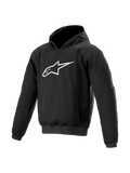 Alpinestars Ageless jacka med huva, svart urban motorcykeljacka för herrar, textil med integrerat Nucleon-skydd och stor vit logotyp på bröstet.