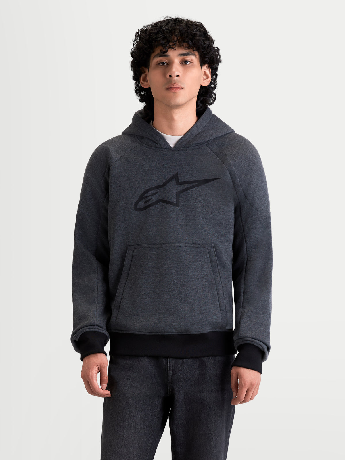 Alpinestars Ageless Hoodie, men's urban motorcycle hoodie jacket in asphalt melange gray, front view on a model wearing casual protective riding apparel with integrated Nucleon protection