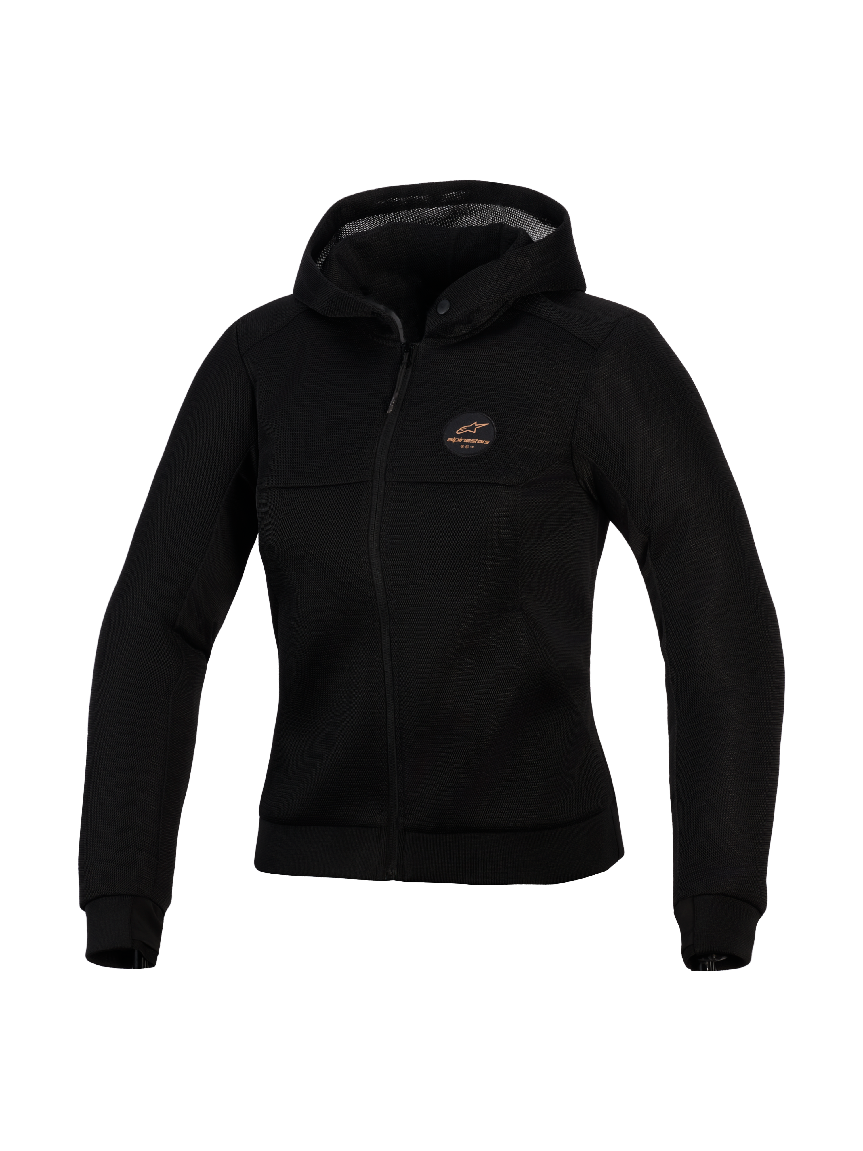 Alpinestars Stella Chrome Superairflow Hoodie, women's technical motorcycle hoodie, Black, featuring 3D mesh construction, copper logo patch on chest, full-zip front, and hood, designed for maximum ventilation and urban protection