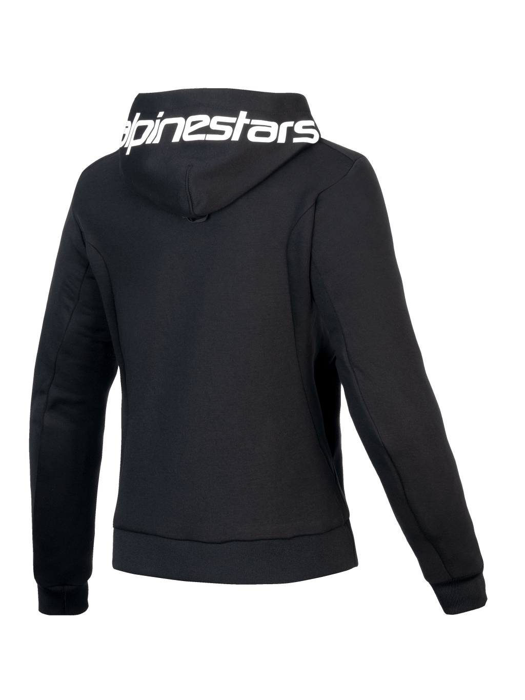 Alpinestars Stella Chrome V2 Sport jacka med huva, dammodell, baksidesvy som visar svart huva med vit logotyp och atletisk passform