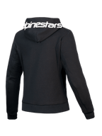 Alpinestars Stella Chrome V2 Sport jacka med huva, dammodell, baksidesvy som visar svart huva med vit logotyp och atletisk passform