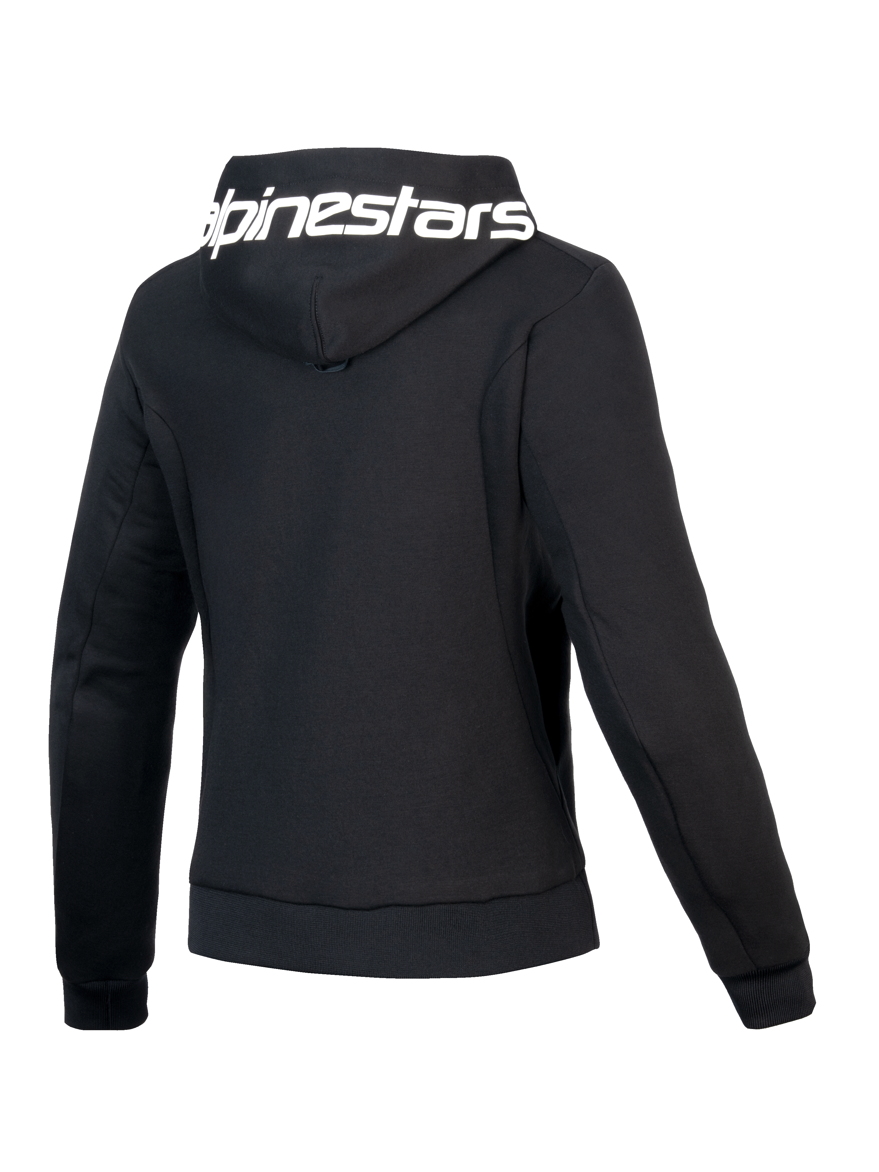 Alpinestars Stella Chrome V2 Sport jacka med huva, dammodell, baksidesvy som visar svart huva med vit logotyp och atletisk passform