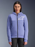 Alpinestars Stella Chrome V2 Sport luvtröja, motorcykel-hoodie för dam, blålila med vit stjärnlogotyp, hellång dragkedja fram, huvstängning med tryckknappar, tekniskt fleecematerial för stadskörning, vardaglig skyddande motorcykeljacka