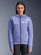 Alpinestars Stella Chrome V2 Sport luvtröja, motorcykel-hoodie för dam, blålila med vit stjärnlogotyp, hellång dragkedja fram, huvstängning med tryckknappar, tekniskt fleecematerial för stadskörning, vardaglig skyddande motorcykeljacka