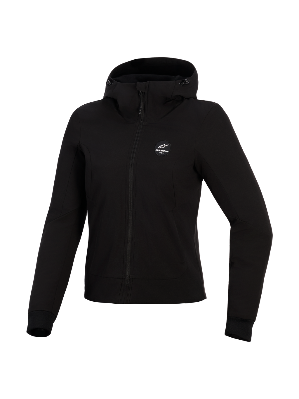Alpinestars Stella Radium Tech Hoodie, motorcykelhoodie för dam, svart, 3-lagers vindtätt tekniskt skal, vy framifrån, huva med dragsko och ribbade muddar, skyddande mc-plagg för stadskörning