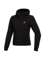Alpinestars Stella Radium Tech Hoodie, motorcykelhoodie för dam, svart, 3-lagers vindtätt tekniskt skal, vy framifrån, huva med dragsko och ribbade muddar, skyddande mc-plagg för stadskörning