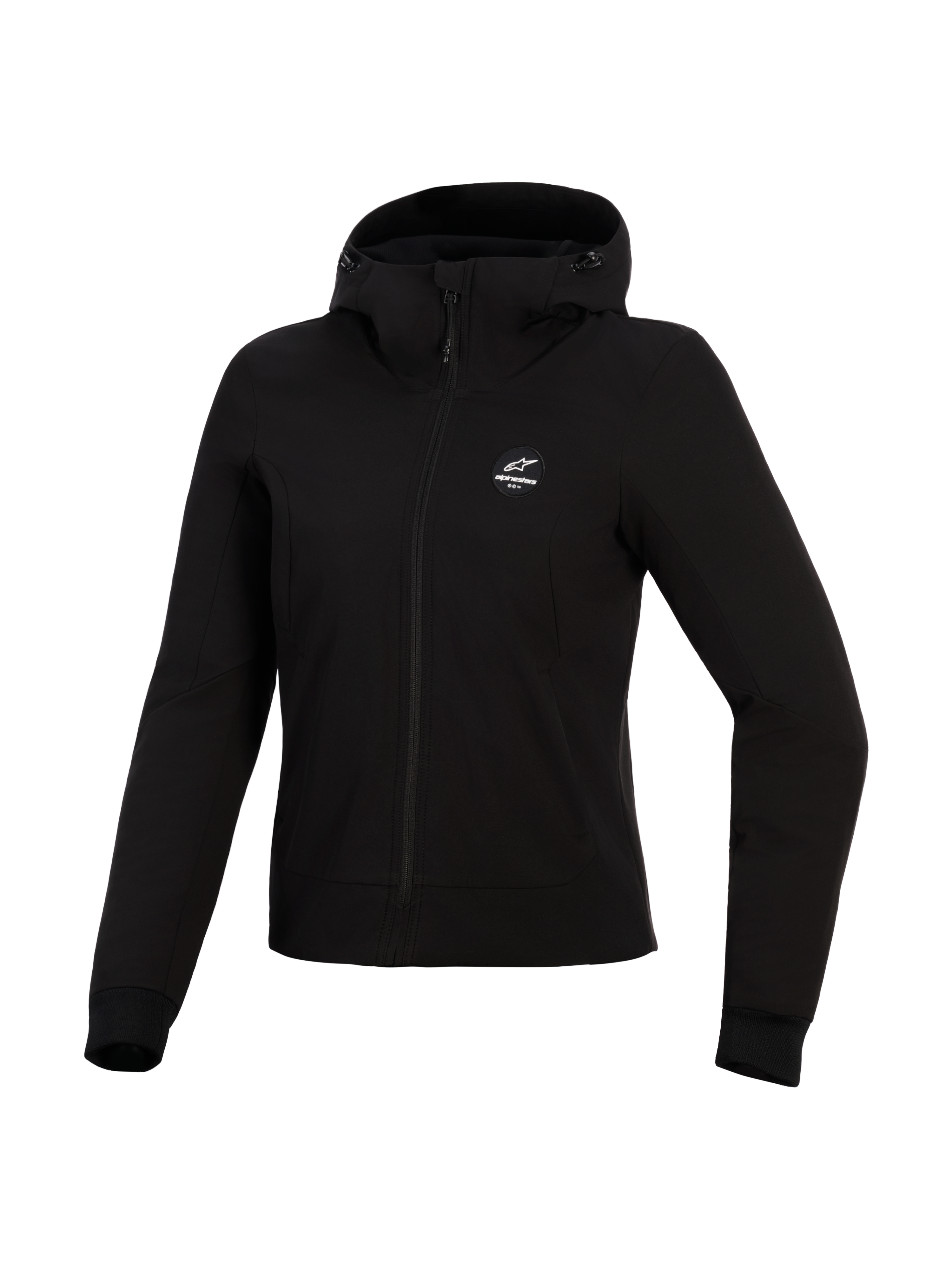 Alpinestars Stella Radium Tech Hoodie, motorcykelhoodie för dam, svart, 3-lagers vindtätt tekniskt skal, vy framifrån, huva med dragsko och ribbade muddar, skyddande mc-plagg för stadskörning