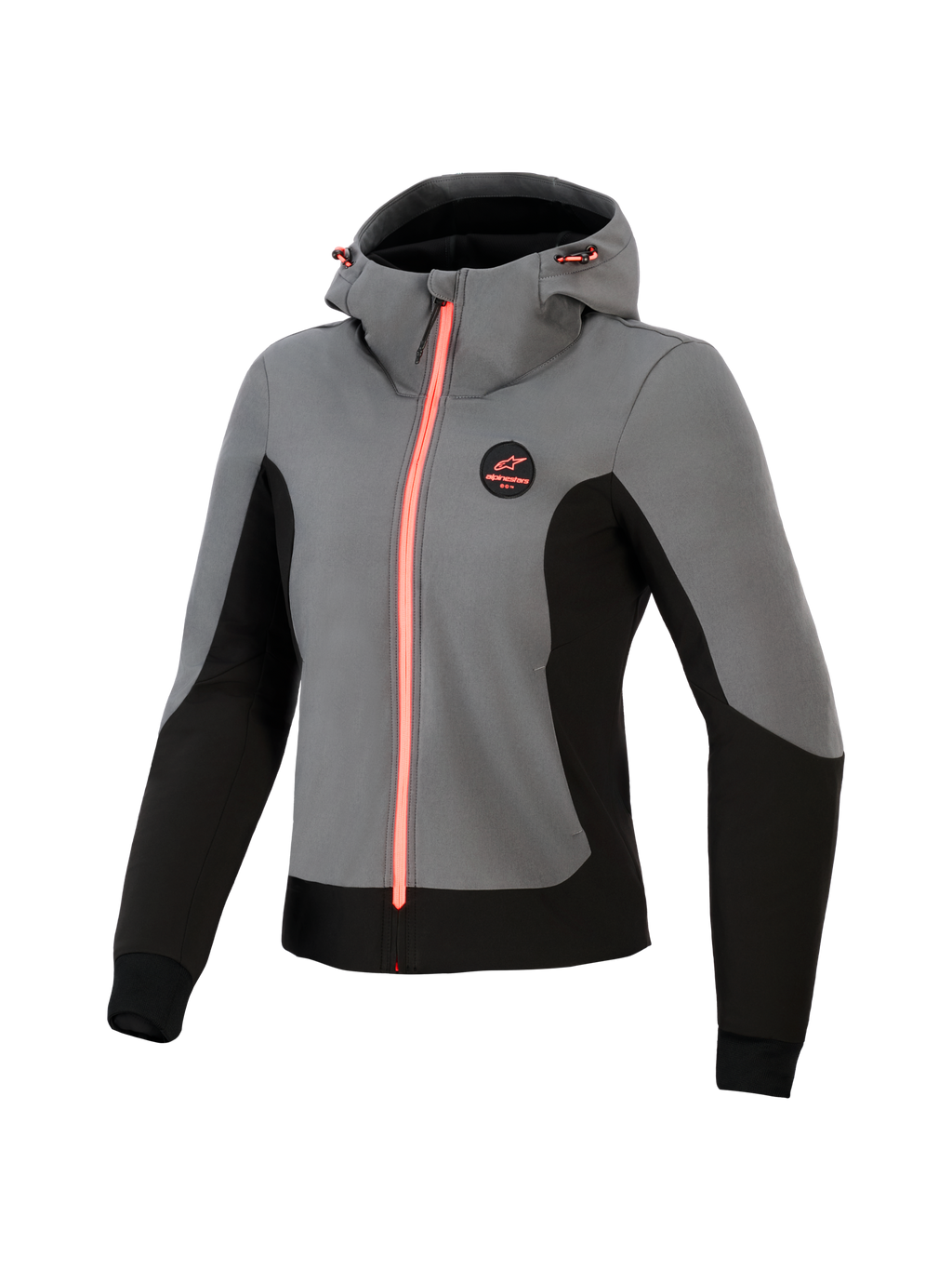 Alpinestars Woman Stella Radium Tech Hoodie, teknisk motorcykelhoodie, mörkgrå och svart med detaljer i klar korall, vindtätt 3-lagersskal, design för stadskörning, justerbar huva och atletisk passform