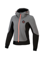 Alpinestars Woman Stella Radium Tech Hoodie, teknisk motorcykelhoodie, mörkgrå och svart med detaljer i klar korall, vindtätt 3-lagersskal, design för stadskörning, justerbar huva och atletisk passform