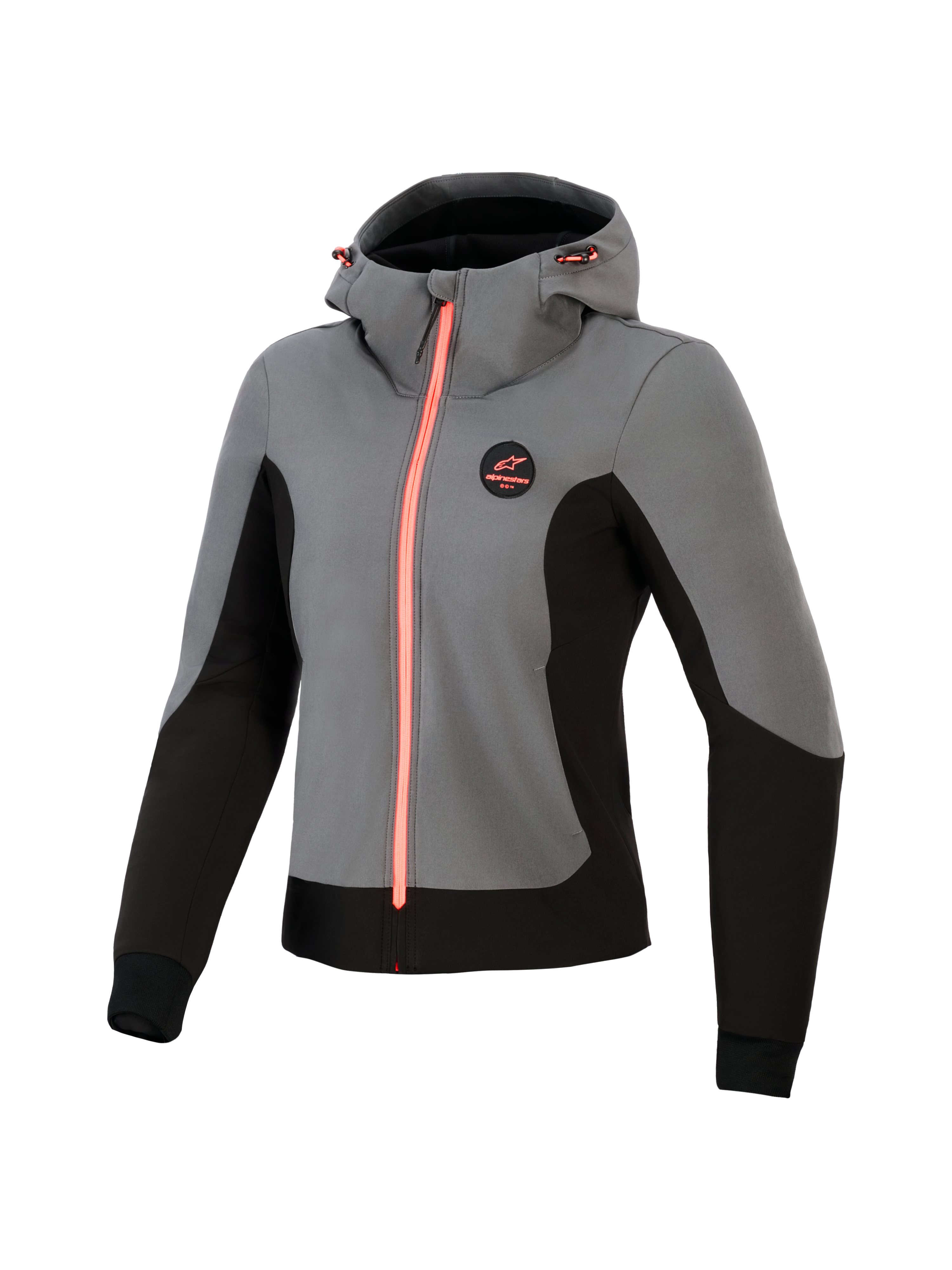 Alpinestars Woman Stella Radium Tech Hoodie, teknisk motorcykelhoodie, mörkgrå och svart med detaljer i klar korall, vindtätt 3-lagersskal, design för stadskörning, justerbar huva och atletisk passform