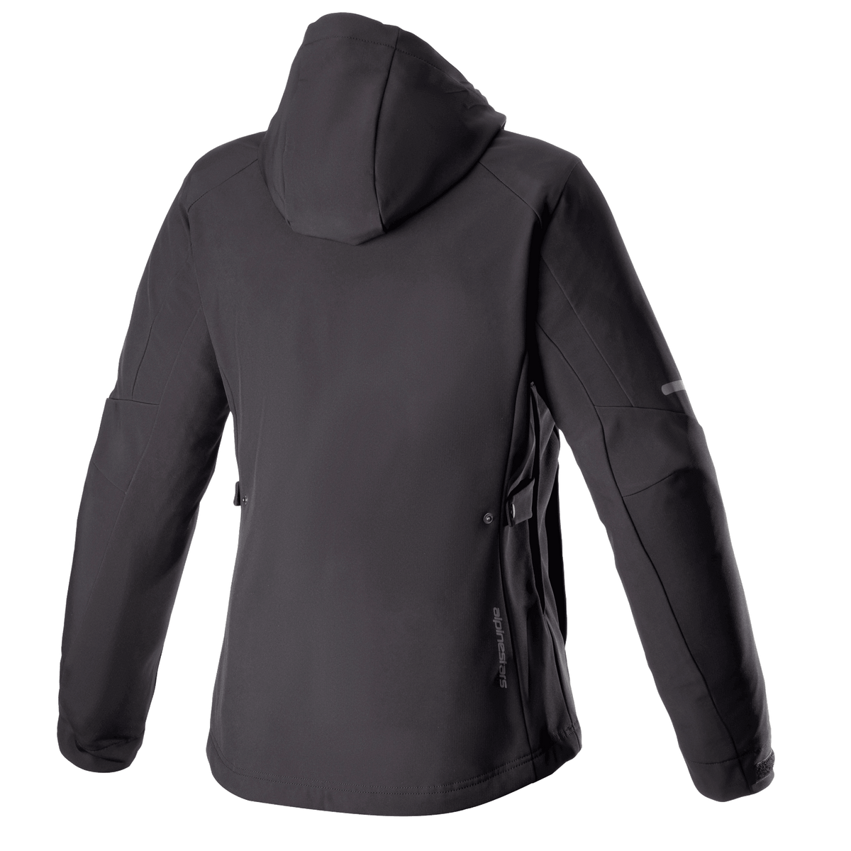 Alpinestars Stella Neo Waterproof Hoodie för damer, baksida, svart, med teknisk softshell-konstruktion, avtagbar huva, subtil vertikal logotyp på nedre ryggen och en strömlinjeformad kvinnospecifik passform för stadskörning.