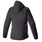 Alpinestars Stella Neo Waterproof Hoodie för damer, baksida, svart, med teknisk softshell-konstruktion, avtagbar huva, subtil vertikal logotyp på nedre ryggen och en strömlinjeformad kvinnospecifik passform för stadskörning.
