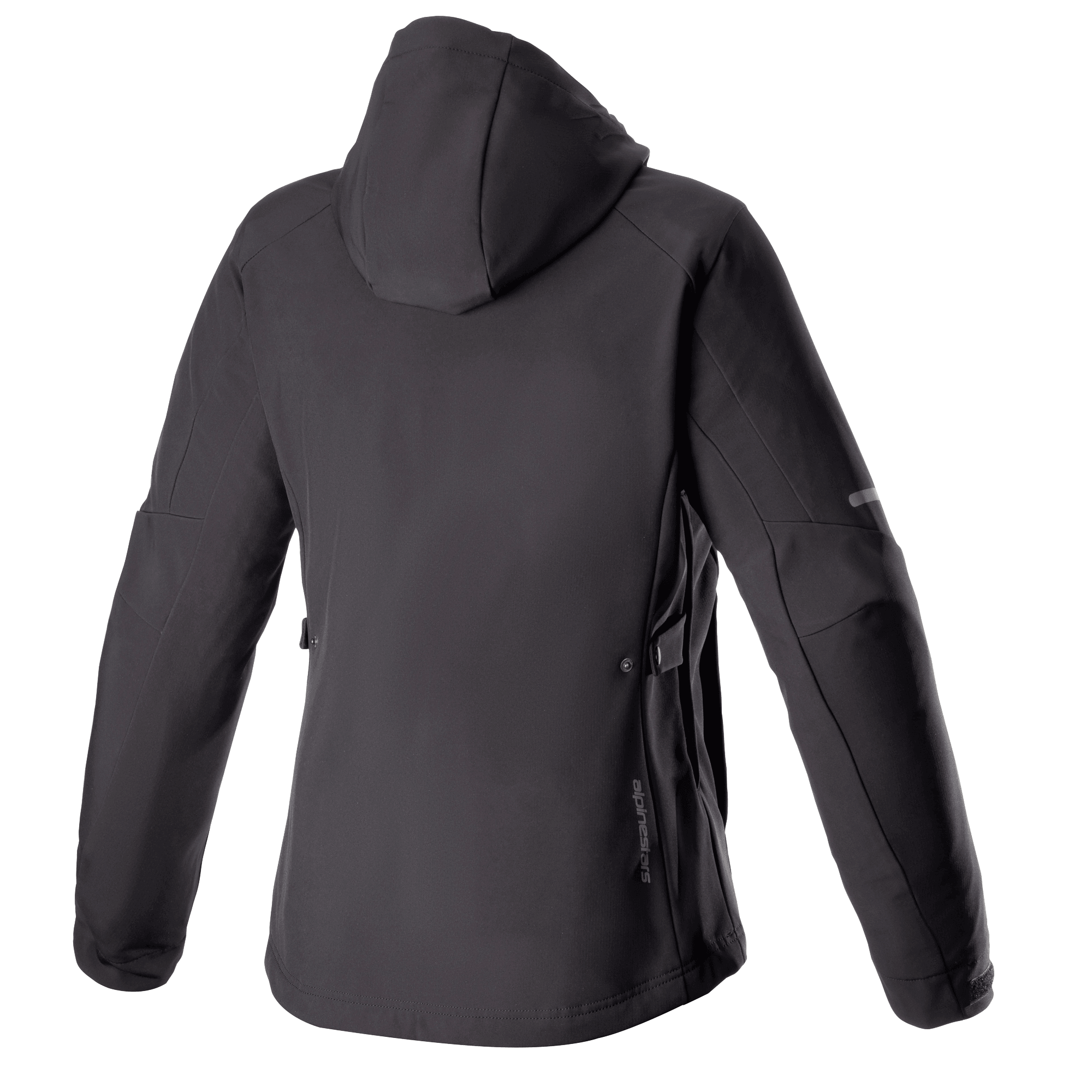 Alpinestars Stella Neo Waterproof Hoodie för damer, baksida, svart, med teknisk softshell-konstruktion, avtagbar huva, subtil vertikal logotyp på nedre ryggen och en strömlinjeformad kvinnospecifik passform för stadskörning.