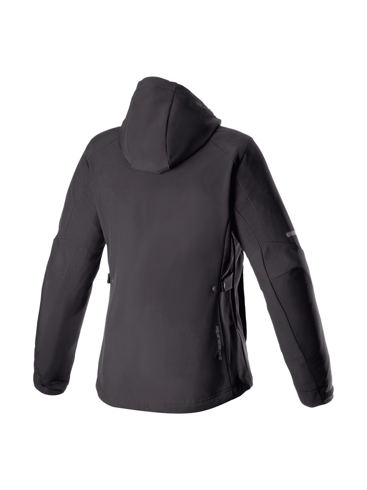 Alpinestars Stella Neo Vattentät Hoodie, svart urban motorcykeljacka för dam i softshell, vy bakifrån med huva.