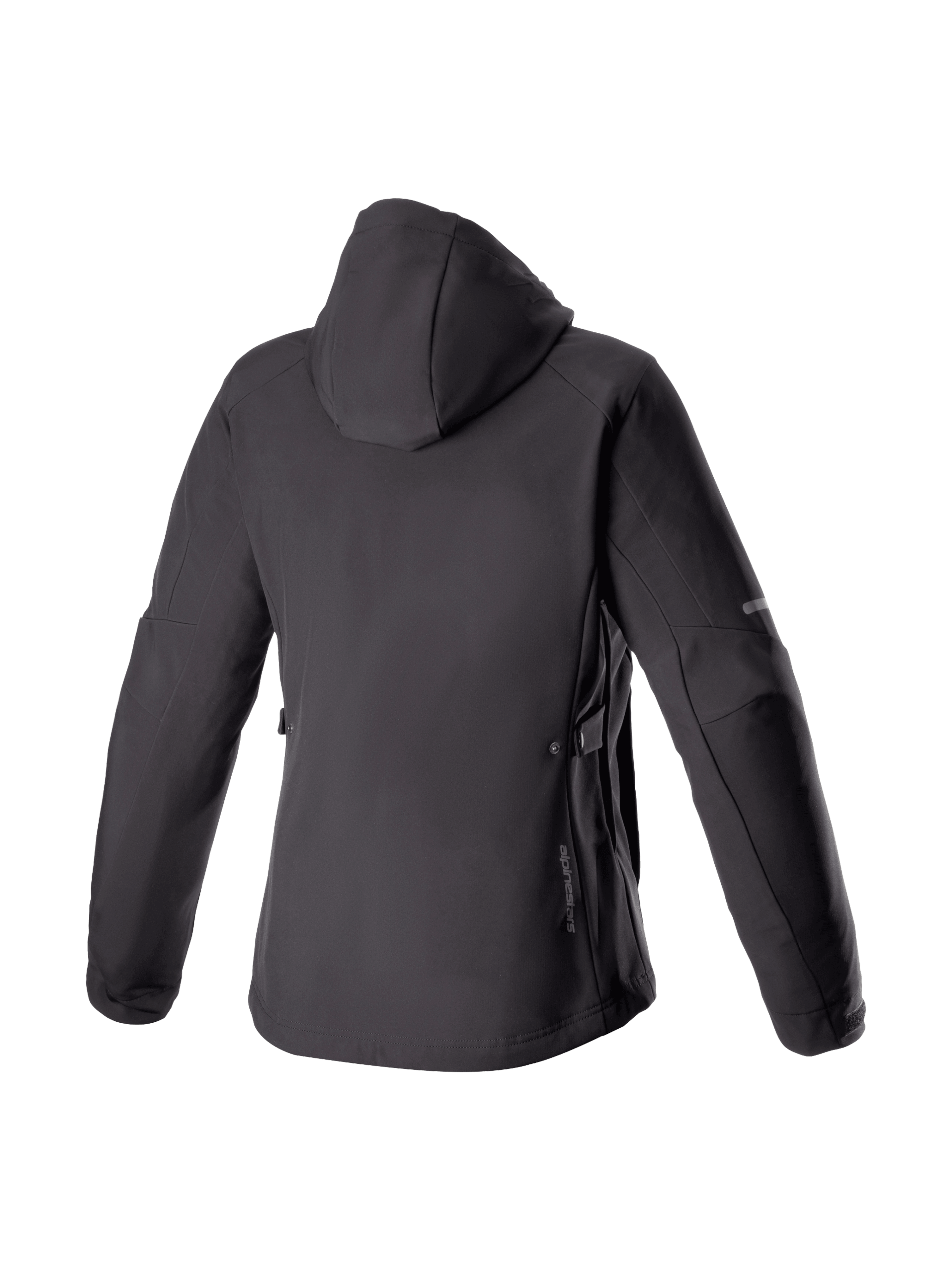 Alpinestars Stella Neo Vattentät Hoodie, svart urban motorcykeljacka för dam i softshell, vy bakifrån med huva.