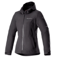 Alpinestars Stella Neo vattentät hoodie, motorcykeljacka för dam, svart, design med huva och central dragkedja fram, justerbara manschetter, tekniskt softshell-material, skräddarsydd dampassform med logotyp på bröstet