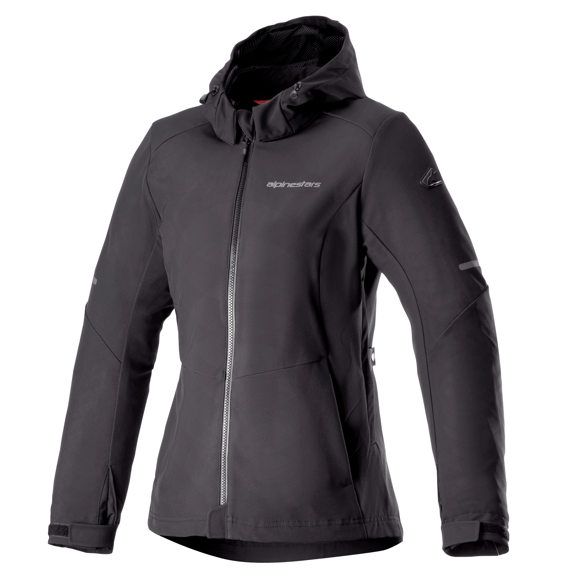 Alpinestars Stella Neo vattentät hoodie, motorcykeljacka för dam, svart, design med huva och central dragkedja fram, justerbara manschetter, tekniskt softshell-material, skräddarsydd dampassform med logotyp på bröstet