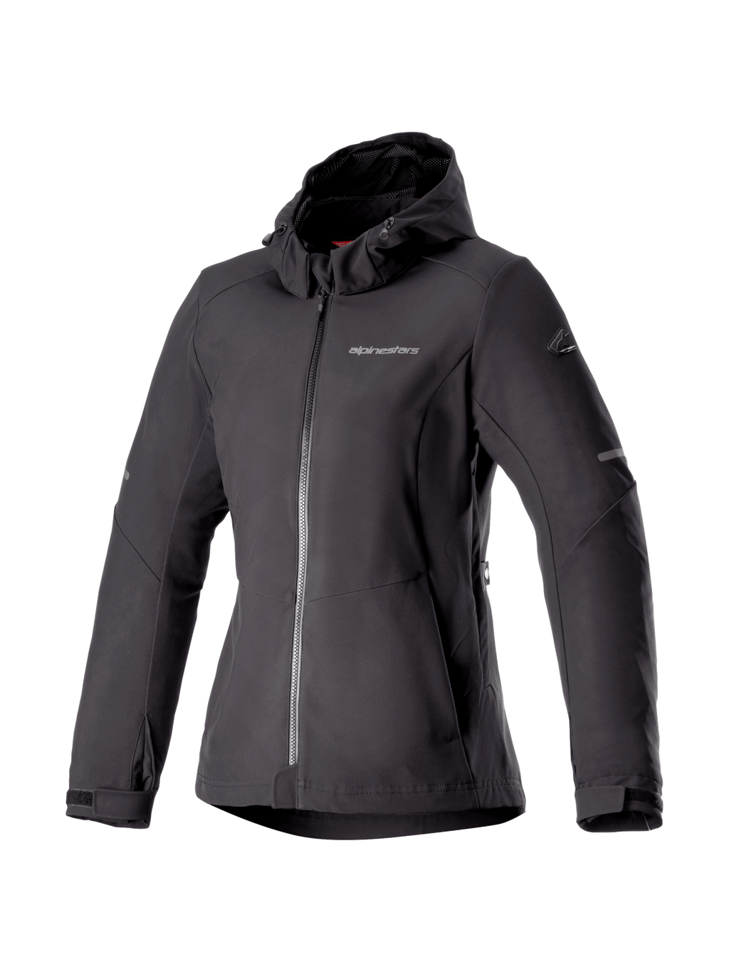 Alpinestars Stella Neo vattentät hoodie, skyddande MC-jacka för dam, svart, vattentätt softshellmaterial, CE-certifierad, Tech-Air® Ready, urban stil för stadskörning