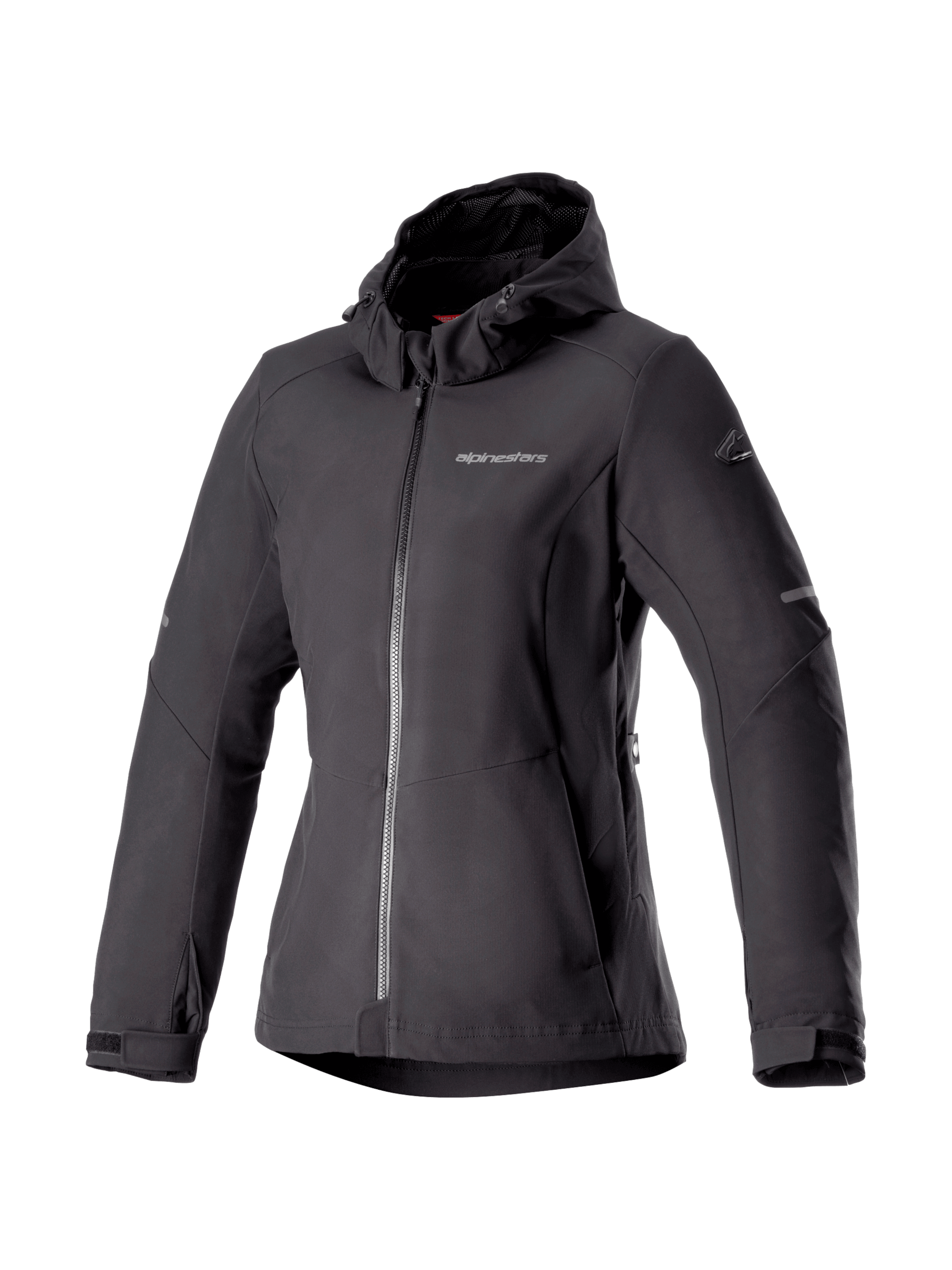 Alpinestars Stella Neo vattentät hoodie, skyddande MC-jacka för dam, svart, vattentätt softshellmaterial, CE-certifierad, Tech-Air® Ready, urban stil för stadskörning