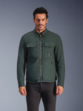 Alpinestars Bryon Water Resistant Overshirt, Dark Emerald, Men's Urban Riding Jacket, Male model wearing dark green overshirt with front zipper and large chest cargo pockets, water-resistant waxed canvas for motorcycle road riding