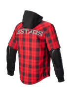 Alpinestars MO.ST.EQ Tartan skjorta, röd och svart urban motorcykeljacka, baksida med huva, armbågsskydd och ASTARS-logotyp