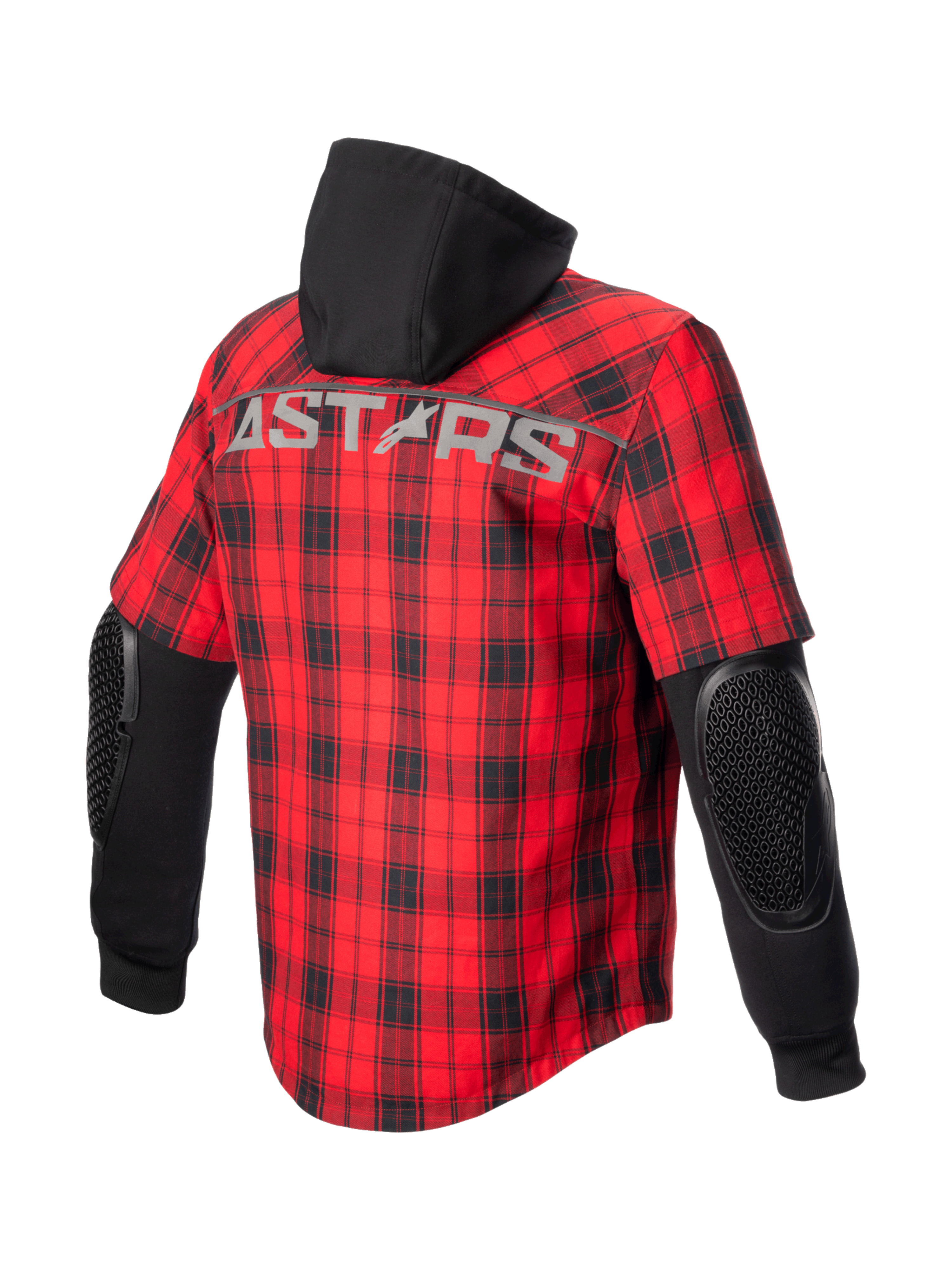 Alpinestars MO.ST.EQ Tartan skjorta, röd och svart urban motorcykeljacka, baksida med huva, armbågsskydd och ASTARS-logotyp