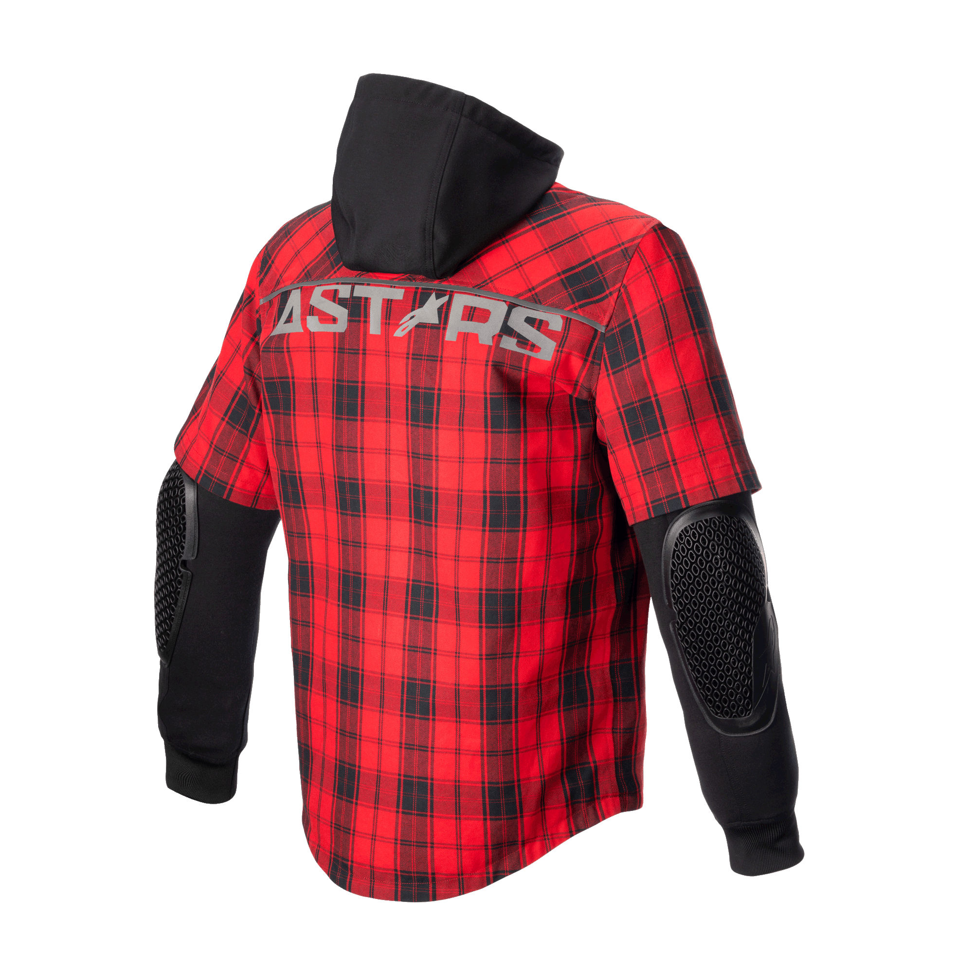 Alpinestars MO.ST.EQ Tartan Shirt, Motorcycle Riding Shirt-Jacket, Flame Red and Black, back view showing red plaid pattern, black hood, long black sleeves with exposed honeycomb elbow armor, and ASTARS branding across the shoulders