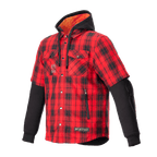 Alpinestars MO.ST.EQ Tartan Shirt, Flame Red and Black plaid motorcycle shirt, hybrid design with short outer sleeves and long black inner sleeves, black hood with orange mesh lining, snap-button front with zippered hand pockets, urban streetwear protective riding gear