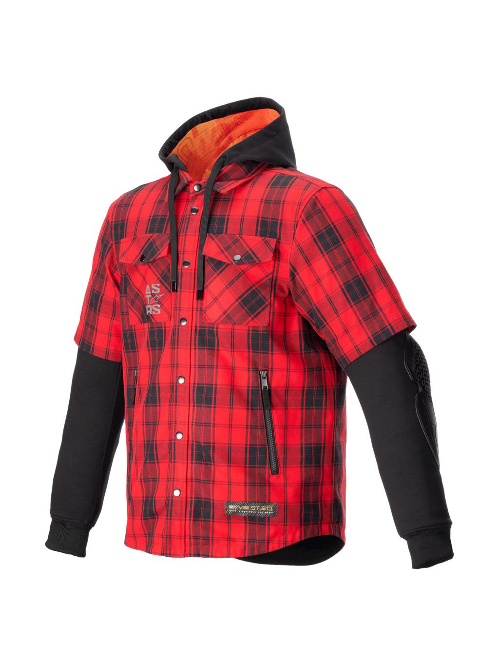 Alpinestars MO.ST.EQ Tartan skjorta, röd- och svartrutig mc-jacka för herr med kortärmad look, huva och CE-certifierade skydd.