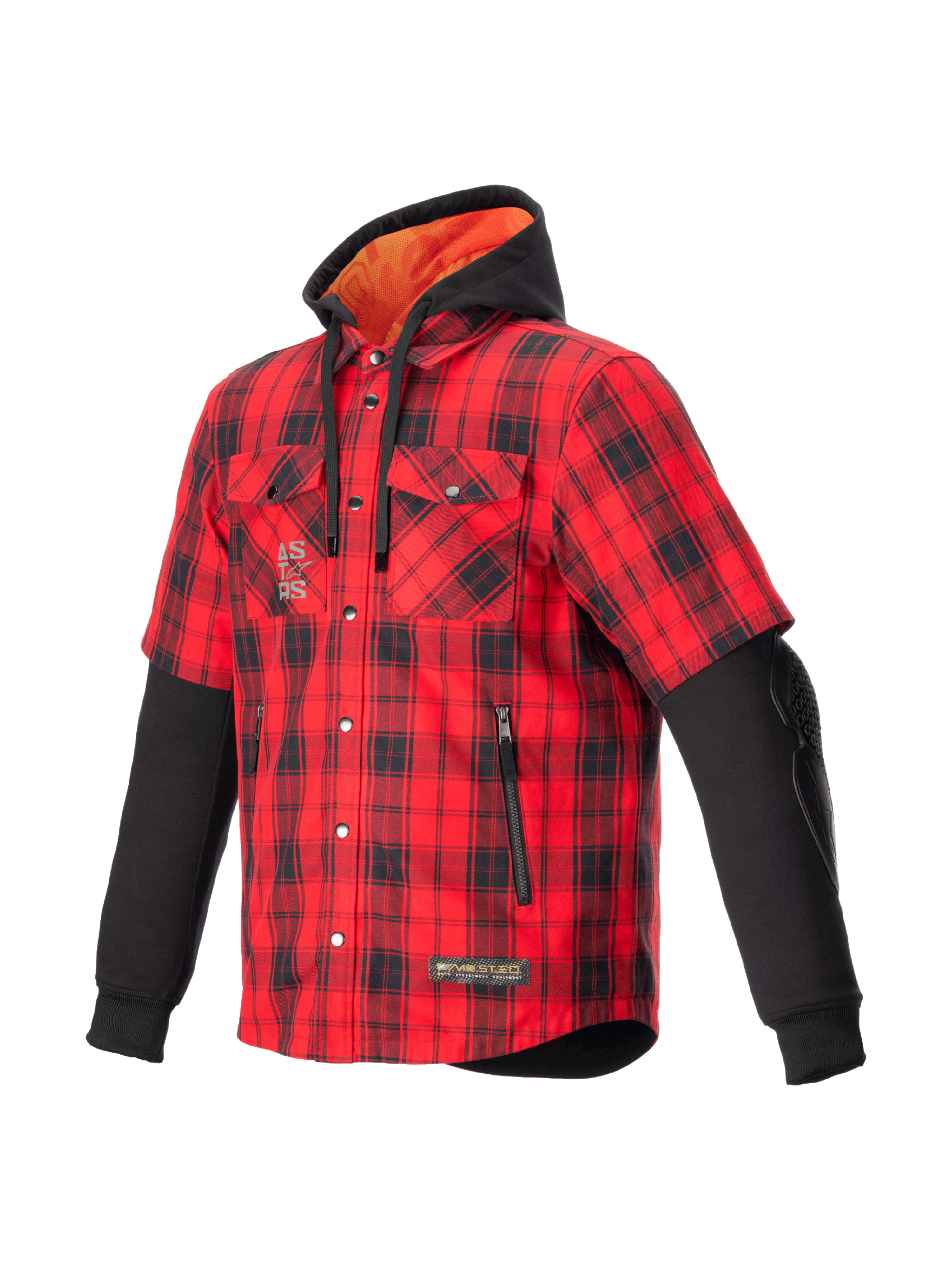 Alpinestars MO.ST.EQ Tartan skjorta, röd- och svartrutig mc-jacka för herr med kortärmad look, huva och CE-certifierade skydd.